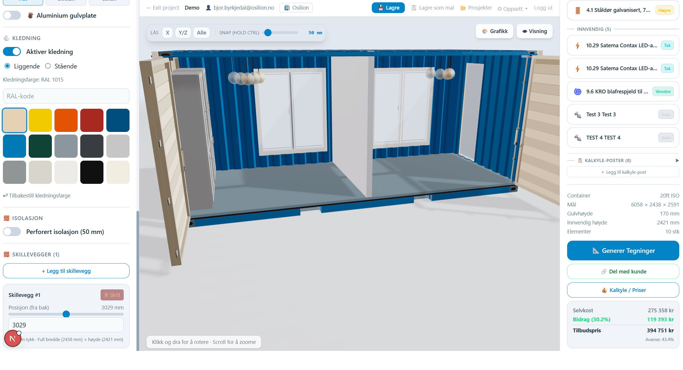 Innvendig 3D-visning av container med skillevegg, kledning og belysning